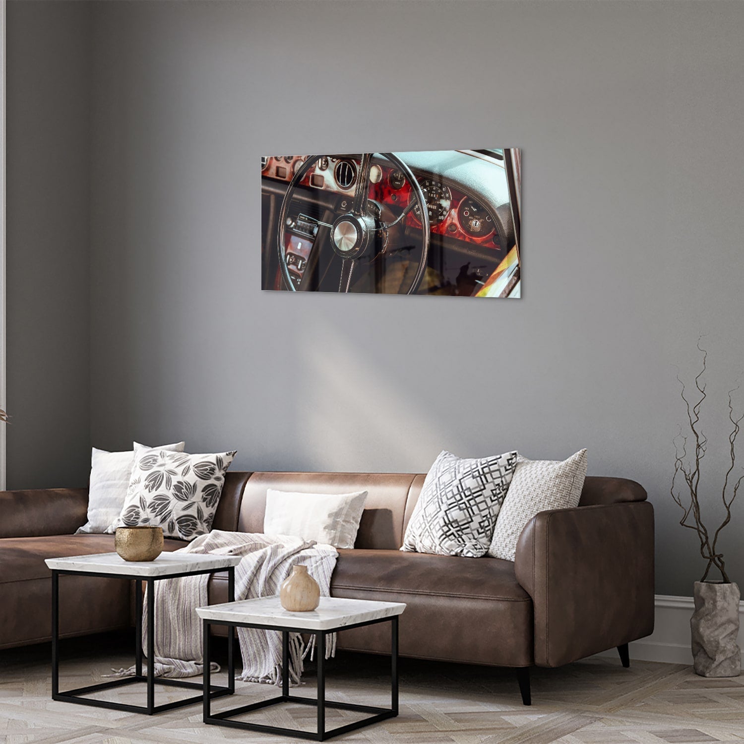 Retro-Auto-Glasbild mit Armaturenbrett für Liebhaber – Glasbild aus Sicherheitsglas, Größe 125x50