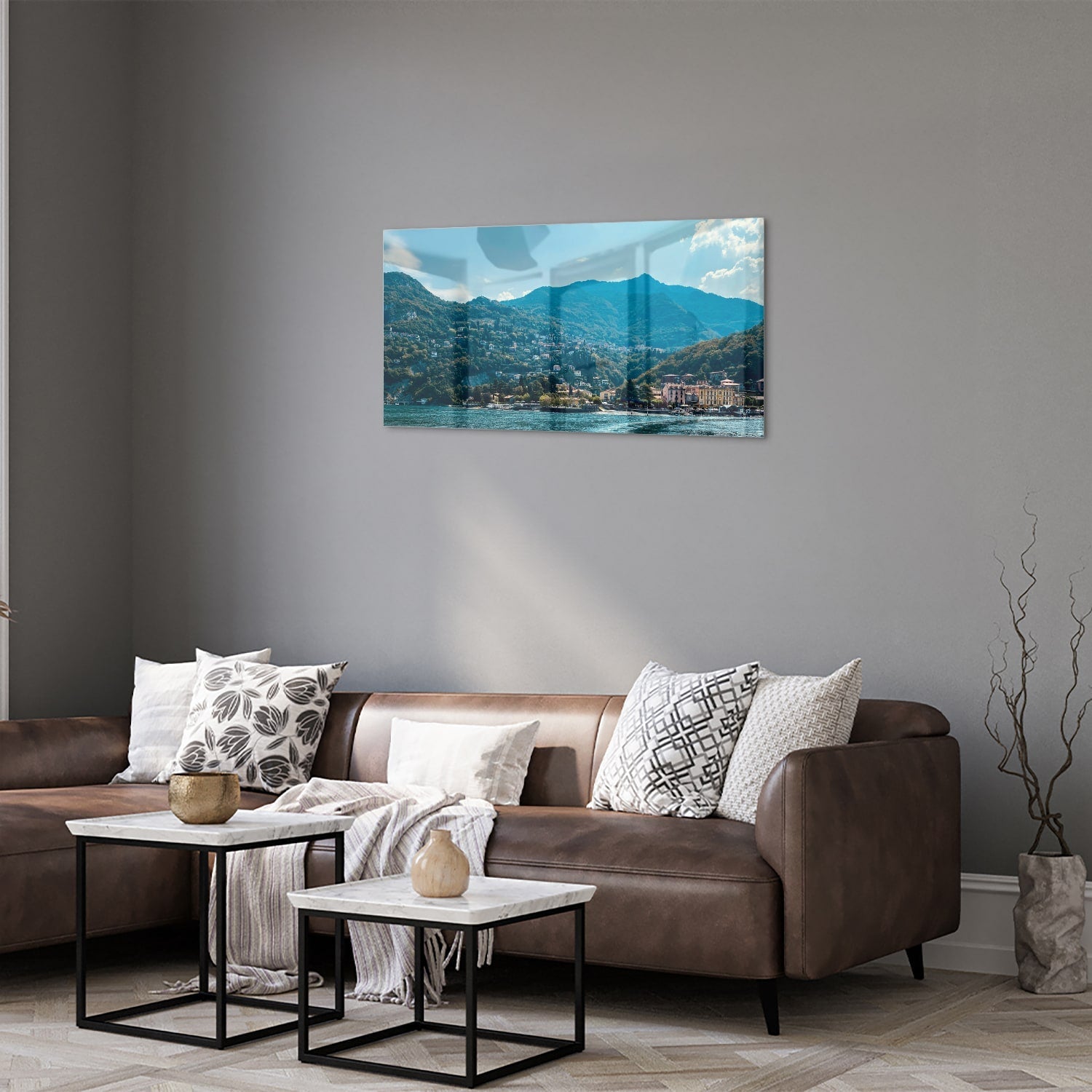 Atemberaubendes Glasbild mit Berglandschaft – Glasbild aus Sicherheitsglas, Größe 125x50