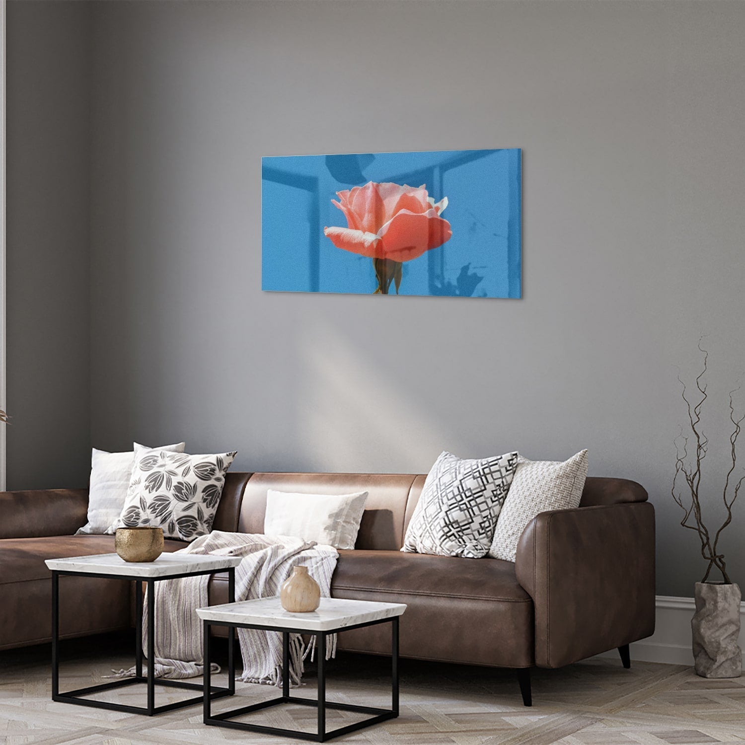 Glasbild rosa Rose auf blauem Hintergrund – Glasbild aus Sicherheitsglas, Größe 125x50