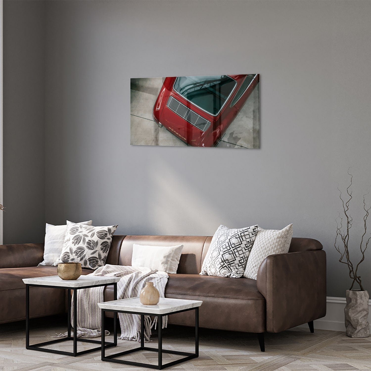 Stilvolles Glasbild mit einem roten Auto – Glasbild aus Sicherheitsglas, Größe 125x50