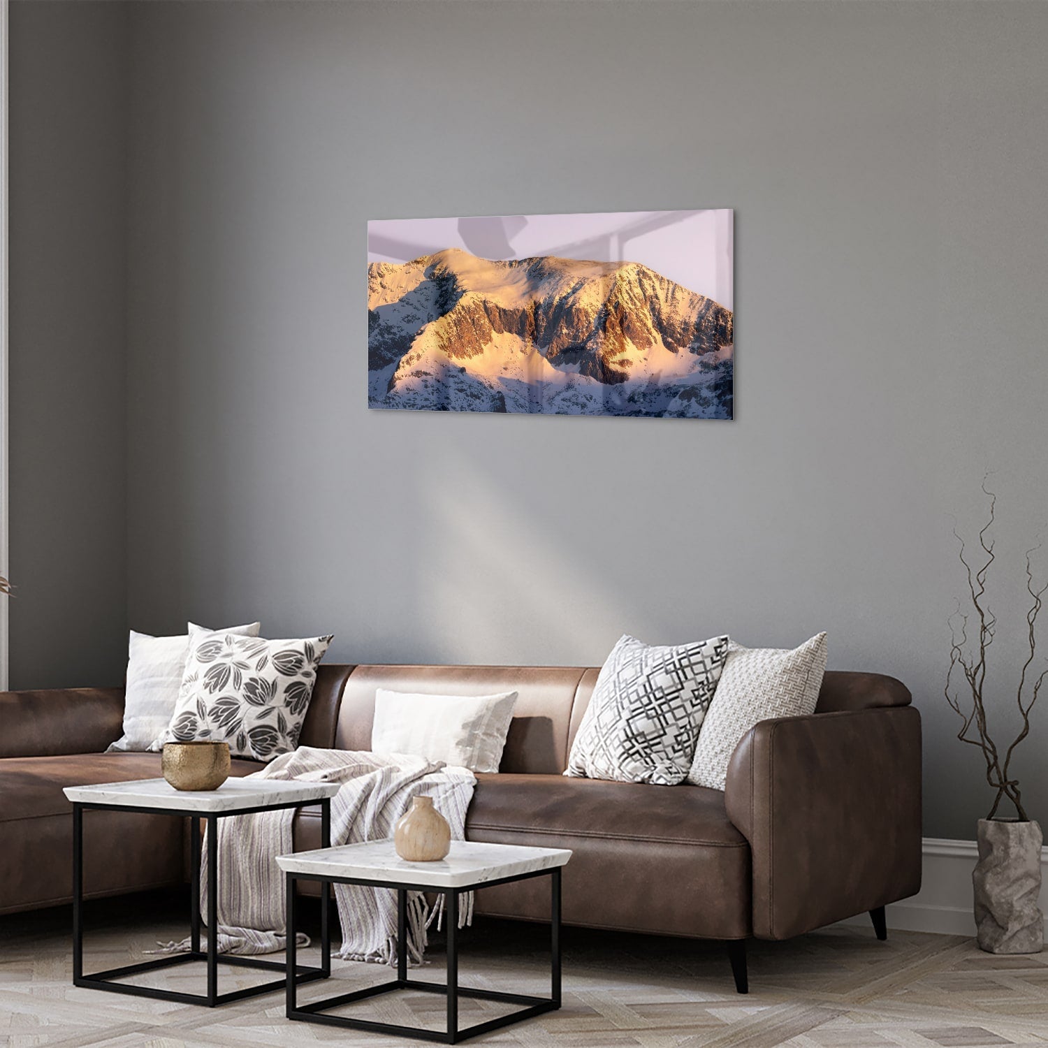 Atemberaubendes Glasbild mit Berglandschaft – Glasbild aus Sicherheitsglas, Größe 125x50