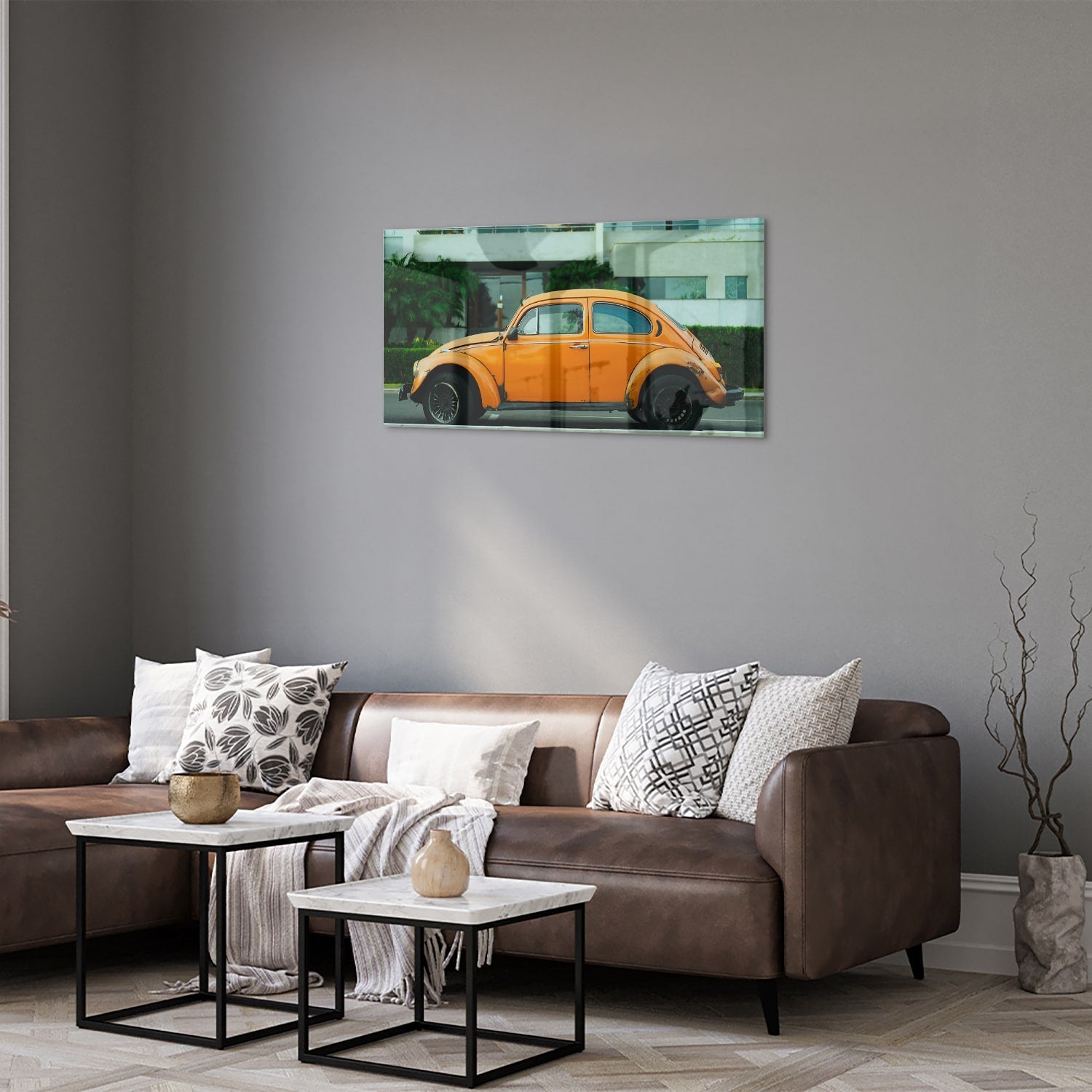 Fröhliches Glasbild mit orangefarbenem Käfer – Glasbild aus Sicherheitsglas, Größe 125x50