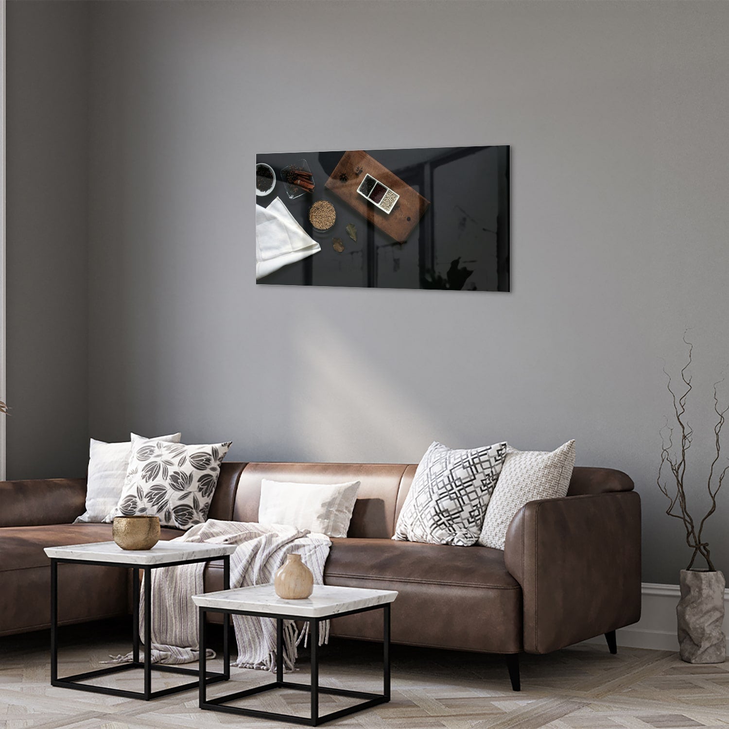 Modernes Glasbild mit Kaffee und Notizen – Glasbild aus Sicherheitsglas, Größe 125x50
