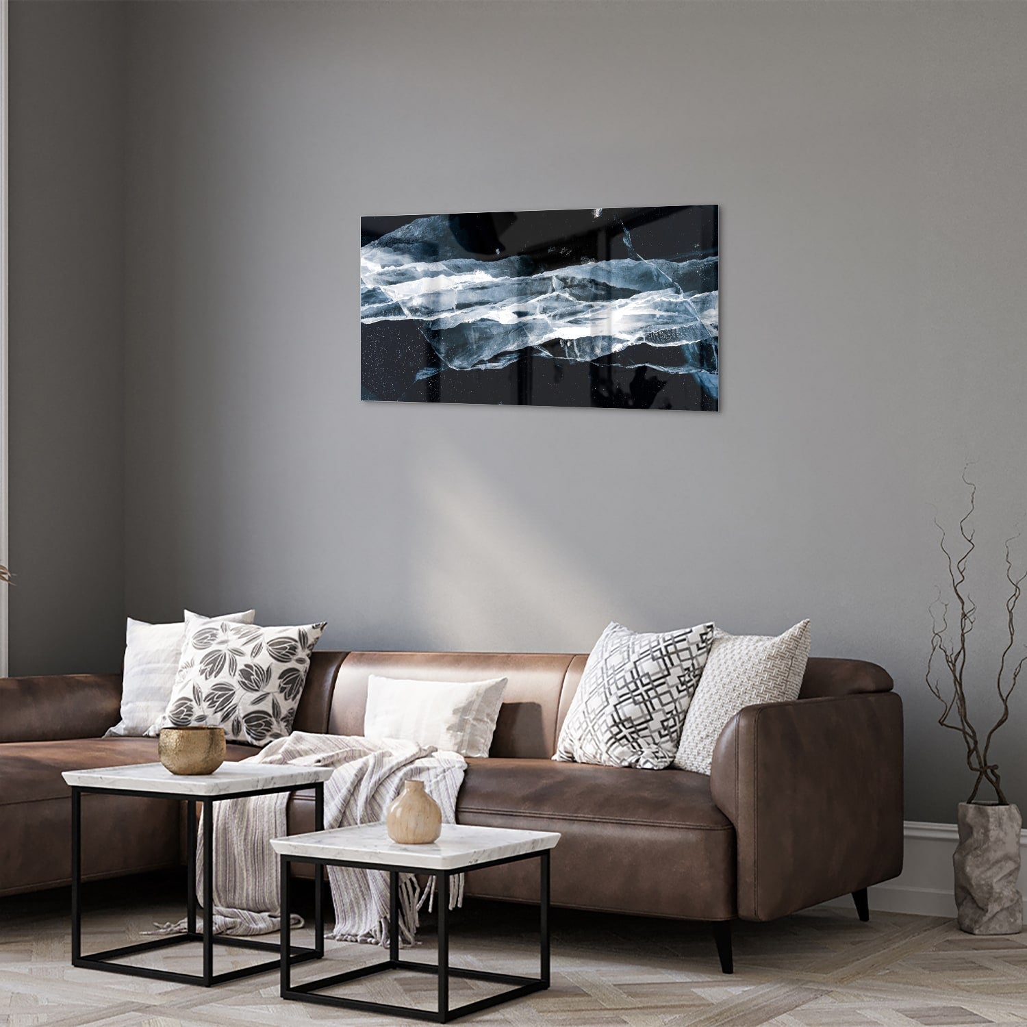 Abstraktes Glasbild für den Innenraum bei Nacht – Glasbild aus Sicherheitsglas, Größe 125x50