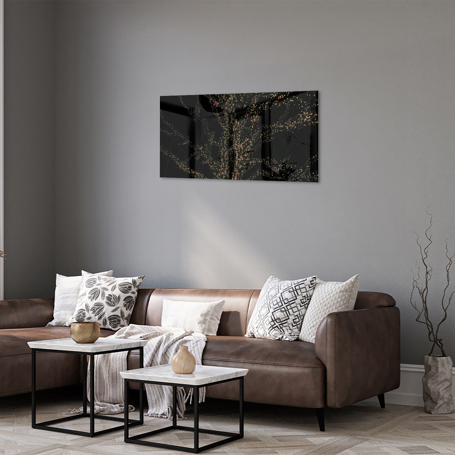 Glasbild mit goldenen Ästen auf schwarzem Hintergrund – Glasbild aus Sicherheitsglas, Größe 125x50
