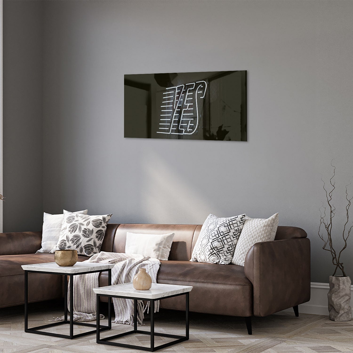 Glasbild mit 'YES' Schriftzug in modernem Design – Glasbild aus Sicherheitsglas, Größe 125x50