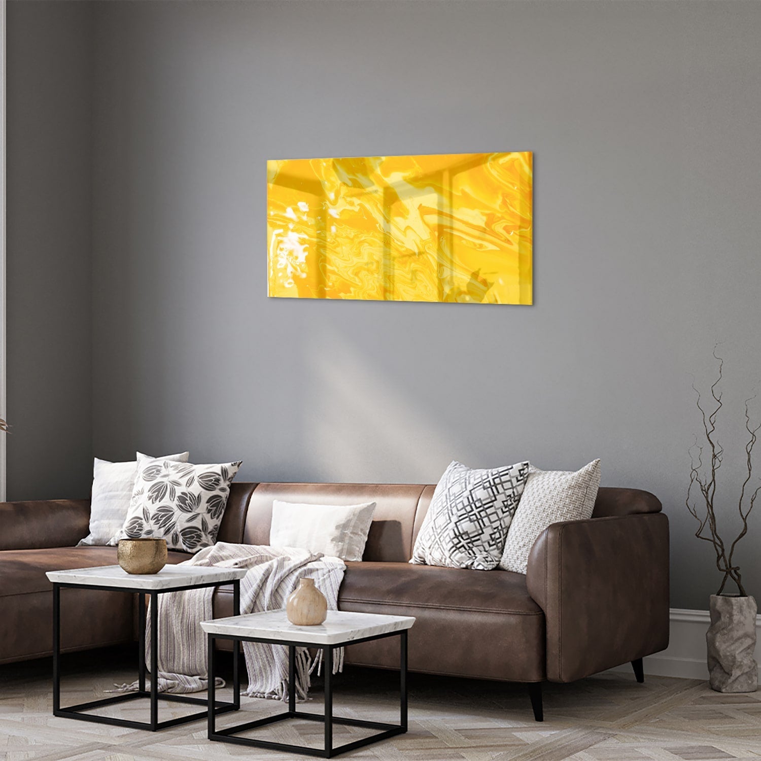 Leuchtend gelbes Glasbild für moderne Innenräume – Glasbild aus Sicherheitsglas, Größe 125x50