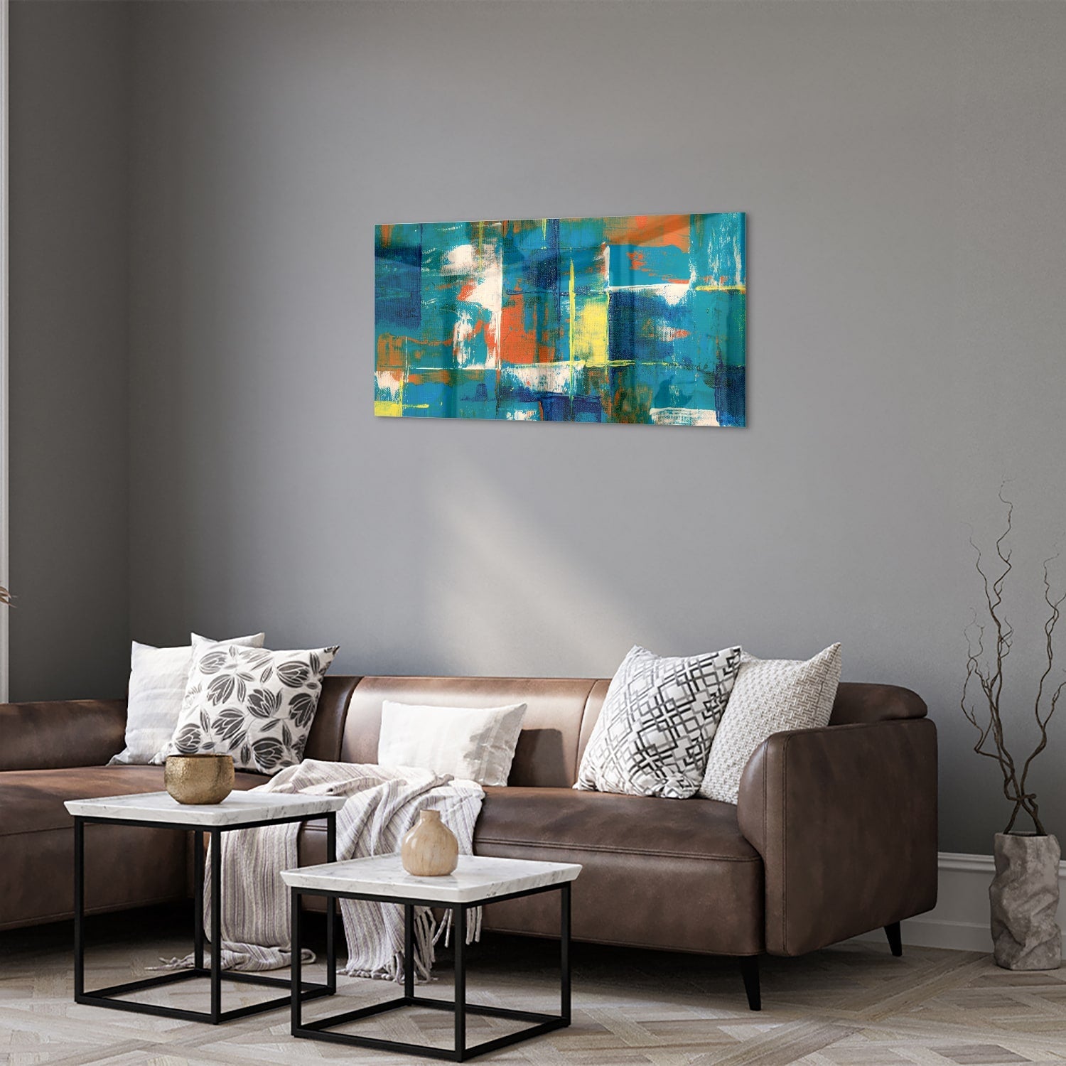 Abstraktes Glasbild in farbenfrohen Farbtönen – Glasbild aus Sicherheitsglas, Größe 125x50