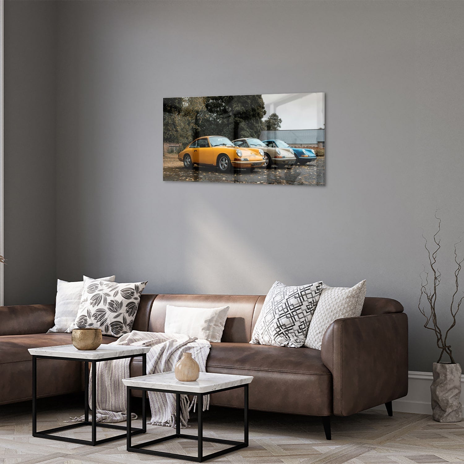 Fröhliches Glasbild mit gelbem Auto – Glasbild aus Sicherheitsglas, Größe 125x50