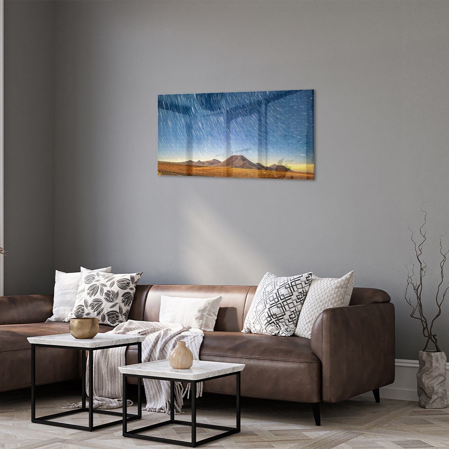 Glasbild mit Sternenhimmel über den Bergen – Glasbild aus Sicherheitsglas, Größe 125x50
