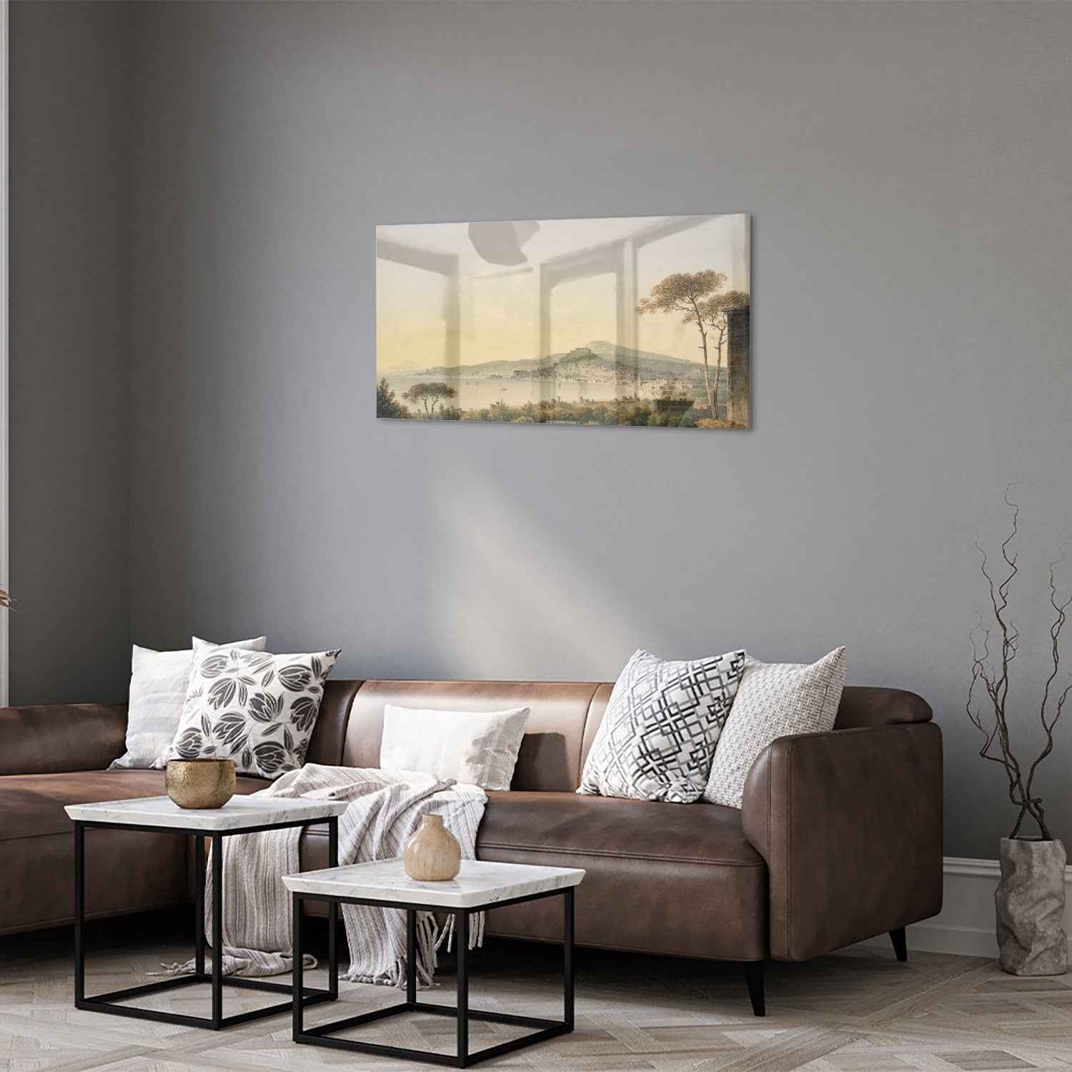 Rustikales Glasbild mit Berglandschaft – Glasbild aus Sicherheitsglas, Größe 125x50