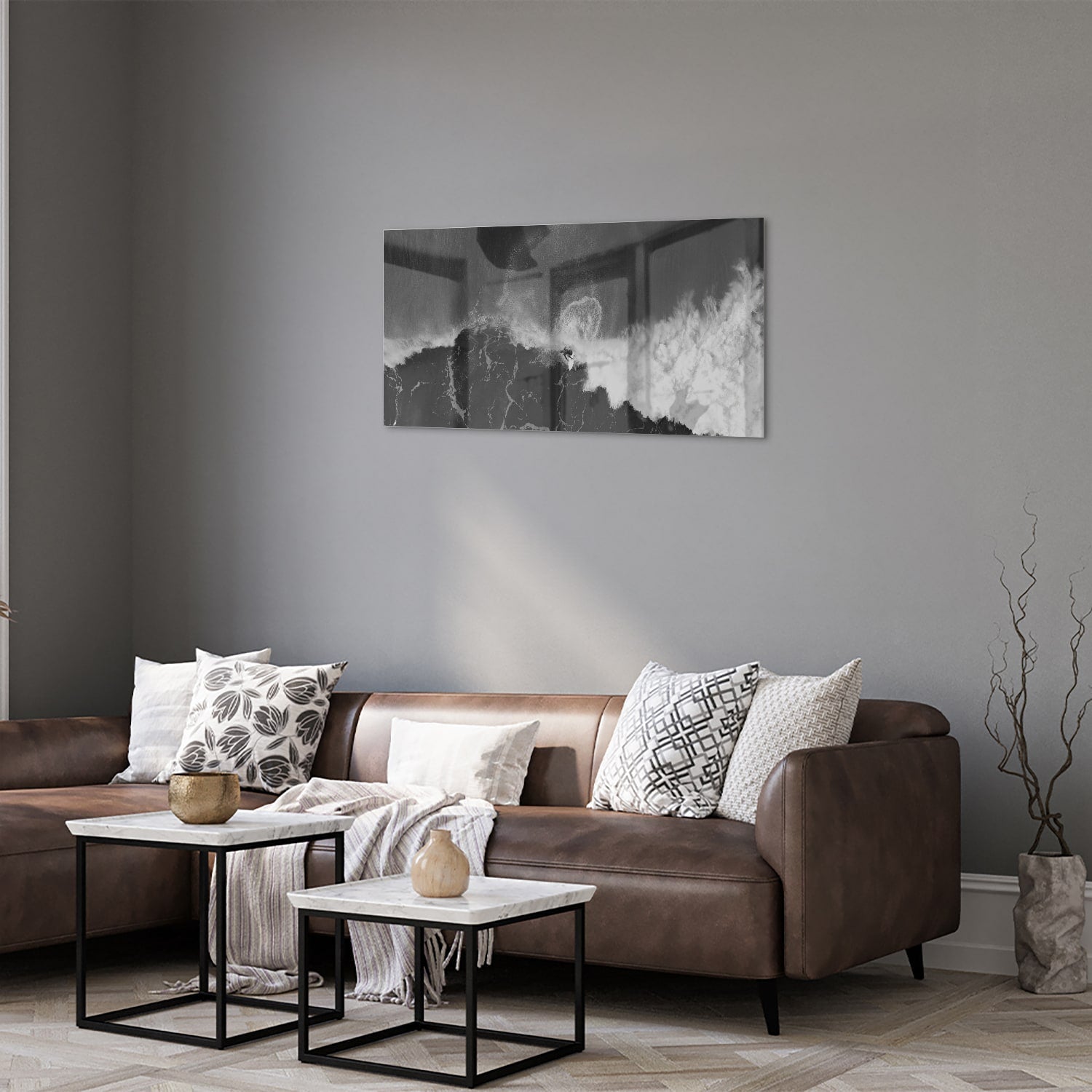 Abstraktes Schwarz-Weiß-Glasbild für ein modernes Interieur – Glasbild aus Sicherheitsglas, Größe 125x50