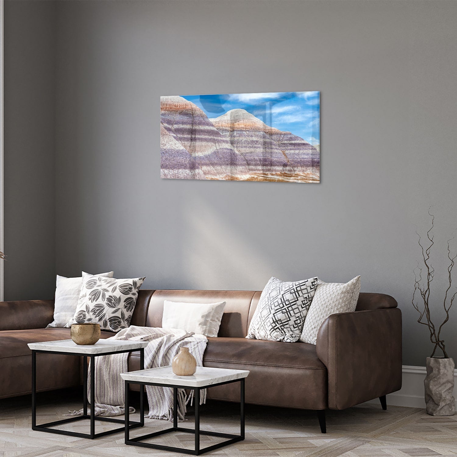 Wunderschönes Glasbild mit Bergen und Himmel – Glasbild aus Sicherheitsglas, Größe 125x50
