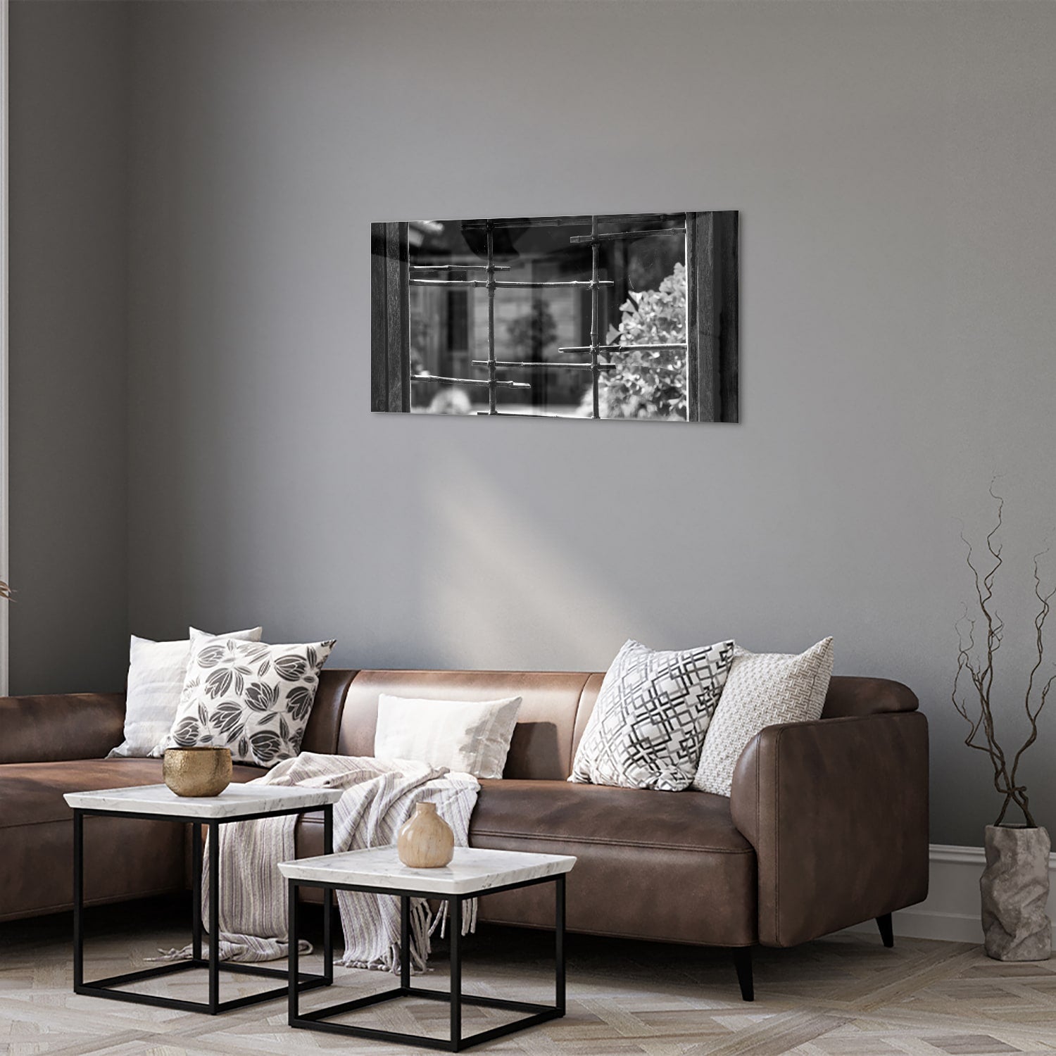 Modernes Glasbild mit Fensterblick – Glasbild aus Sicherheitsglas, Größe 125x50