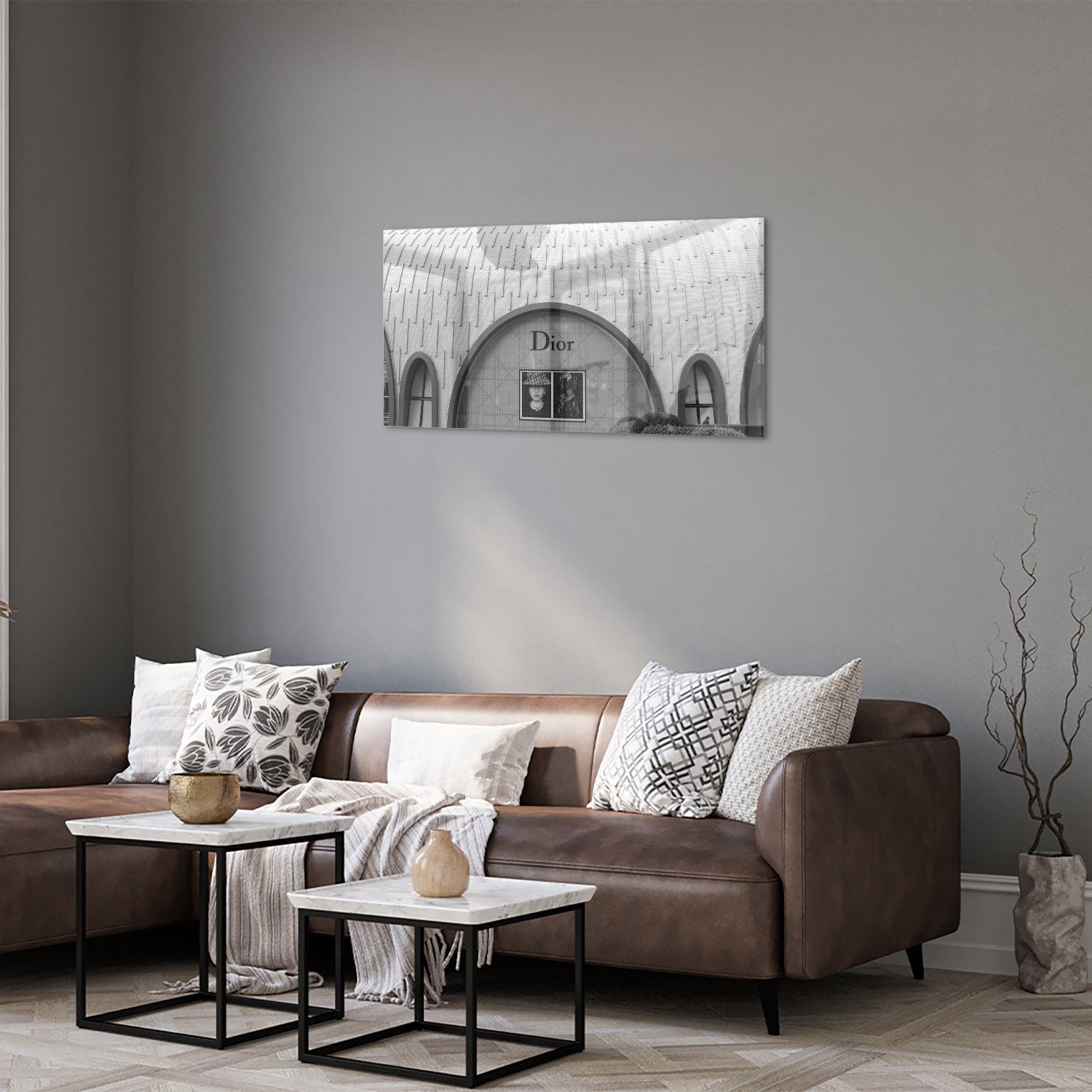 Elegantes Glasbild mit Dior-Schaufenster – Glasbild aus Sicherheitsglas, Größe 125x50