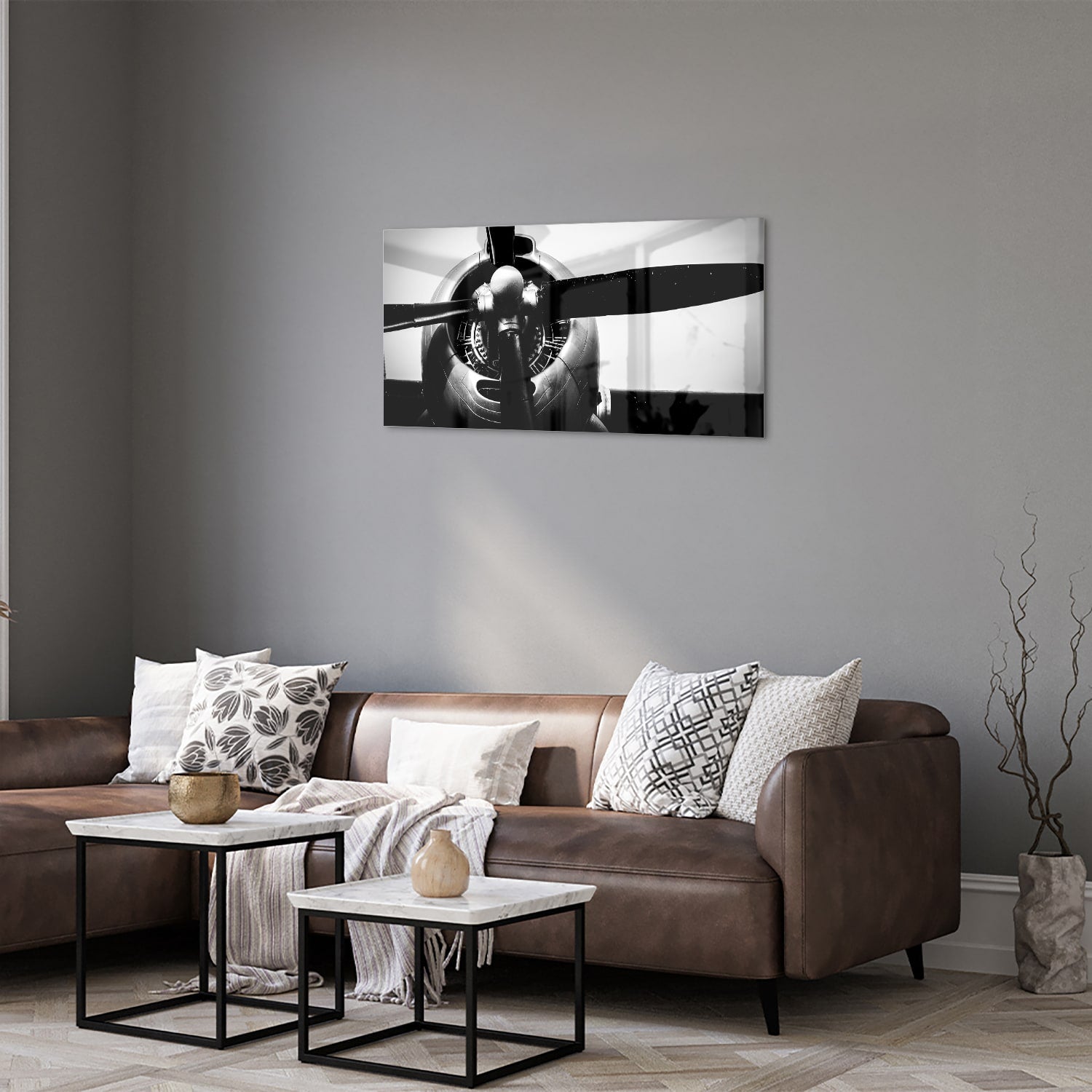 Schwarz-Weiß-Glasbild mit Vintage-Flugzeugpropeller – Glasbild aus Sicherheitsglas, Größe 125x50
