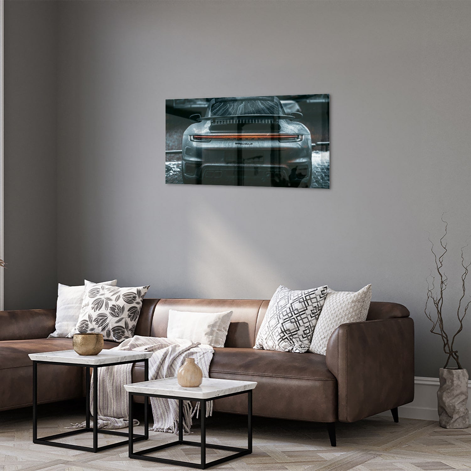 Elegantes Glasbild mit einem Sportwagen – Glasbild aus Sicherheitsglas, Größe 125x50