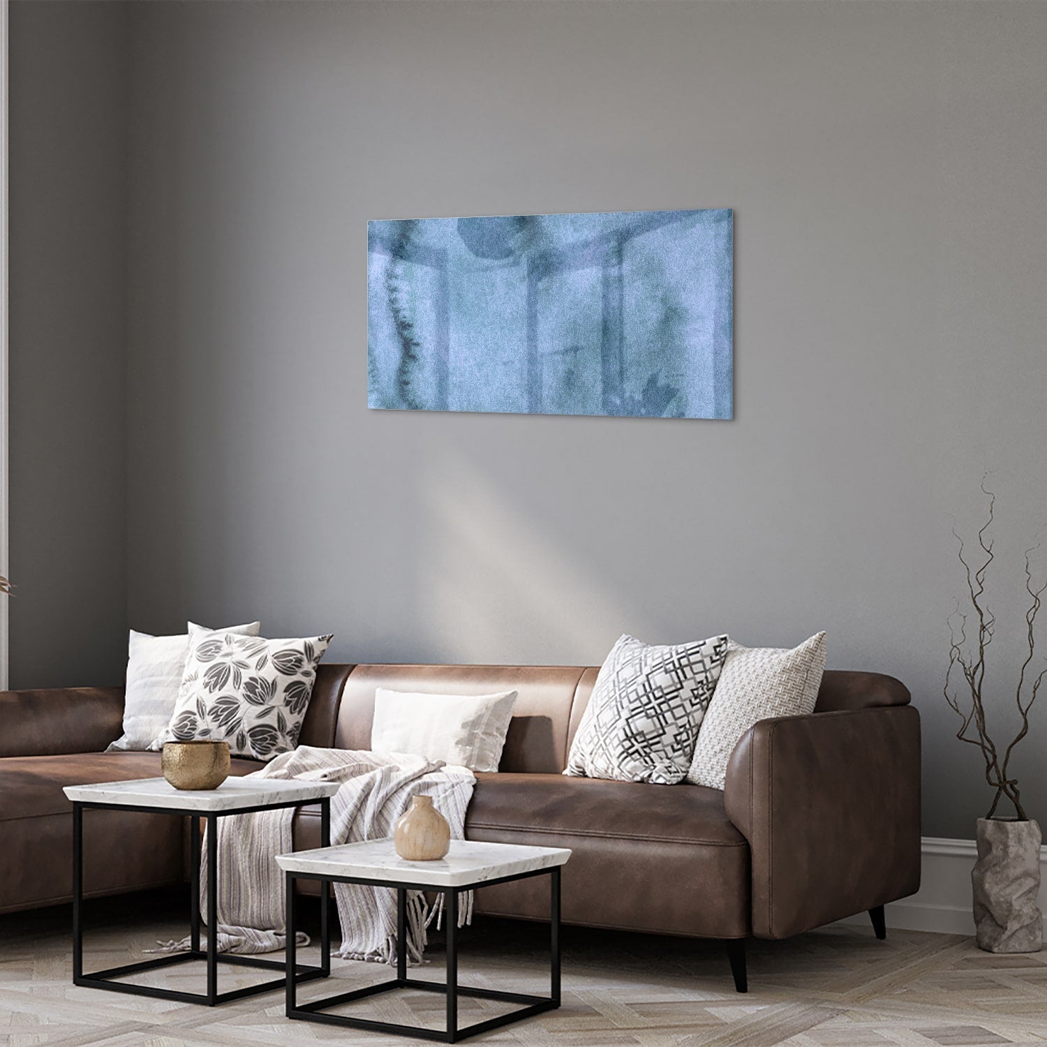 Modernes Glasbild in blauen Farbtönen – Glasbild aus Sicherheitsglas, Größe 125x50