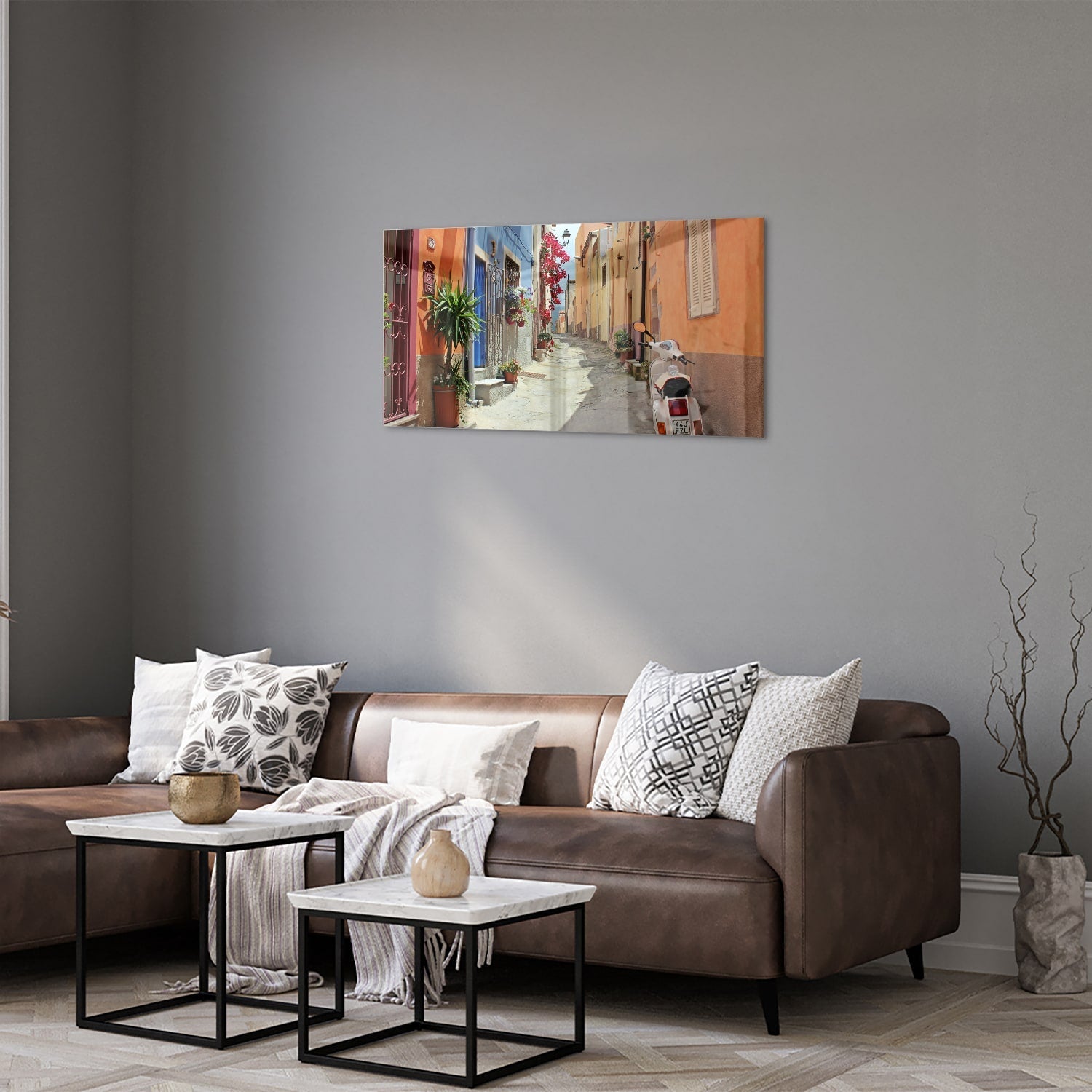 Buntes Glasbild mit Vespa auf einer Straße – Glasbild aus Sicherheitsglas, Größe 125x50