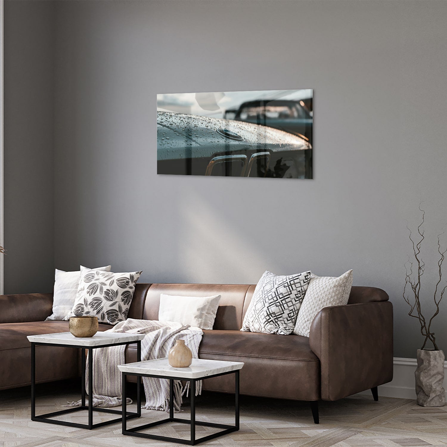 Glasbild mit nasser Autoscheibe – Stilvolles Interieur – Glasbild aus Sicherheitsglas, Größe 125x50