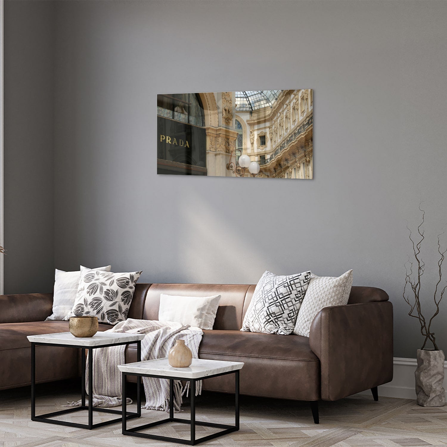 Elegantes Glasbild mit Luxus-Boutique – Glasbild aus Sicherheitsglas, Größe 125x50