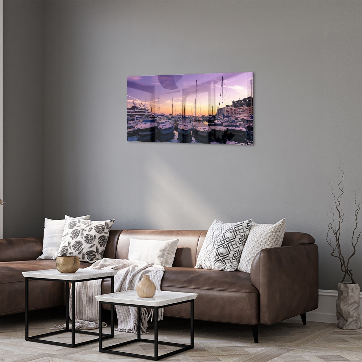 Glasbild mit Sonnenuntergang am Hafen – Glasbild aus Sicherheitsglas, Größe 125x50