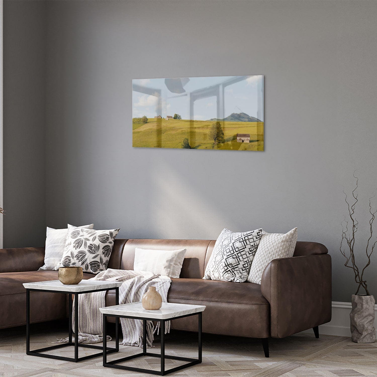 Glasbild mit grünen Hügeln in der Landschaft – Glasbild aus Sicherheitsglas, Größe 125x50