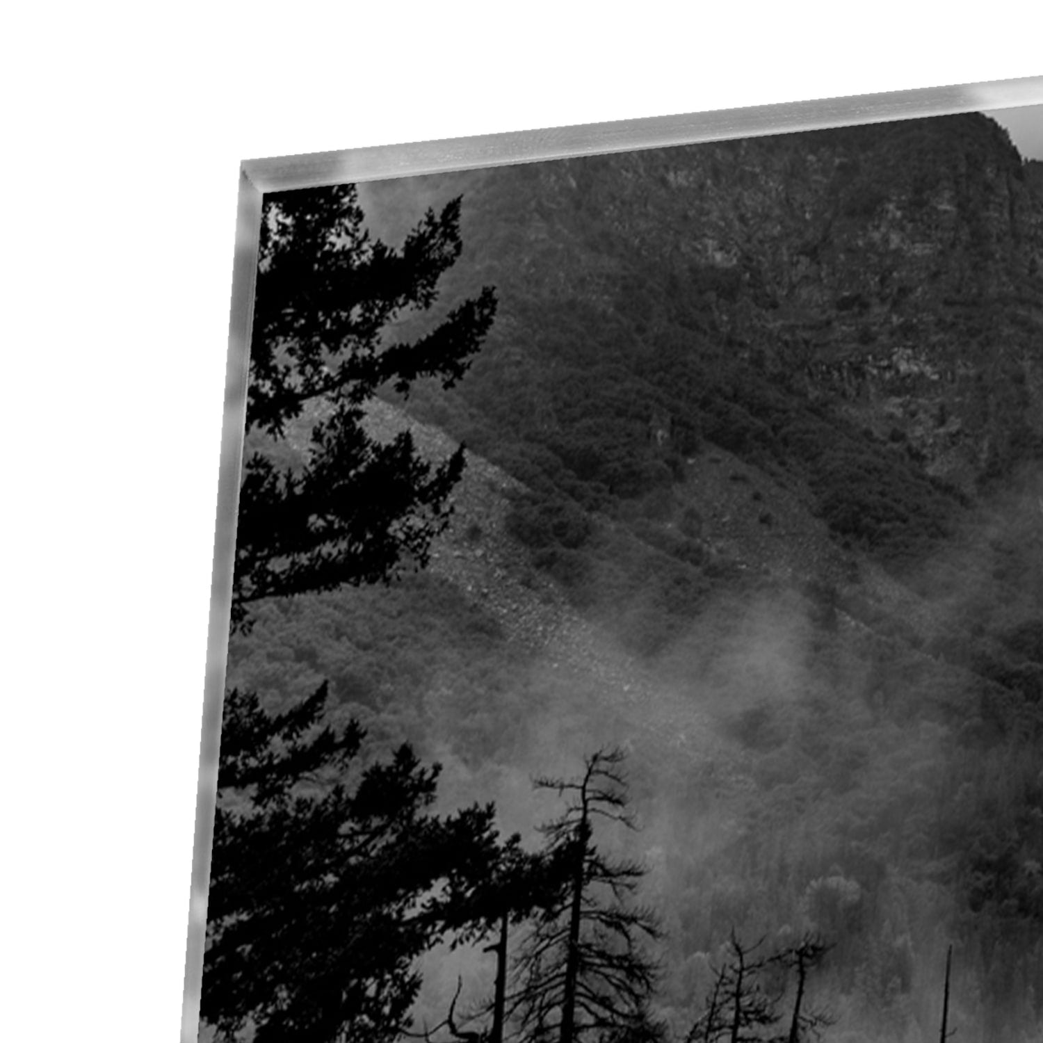 Schwarz-Weiß-Glasbild mit Berglandschaft – Glasbild aus Sicherheitsglas, Größe 80x80_rond