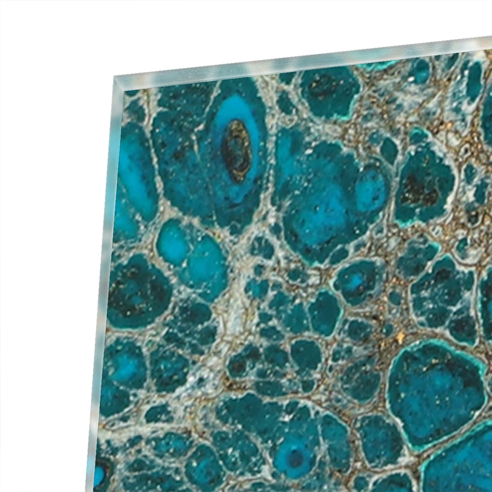Abstraktes Glasbild in Türkis und Gold – Glasbild aus Sicherheitsglas, Größe 80x80_rond