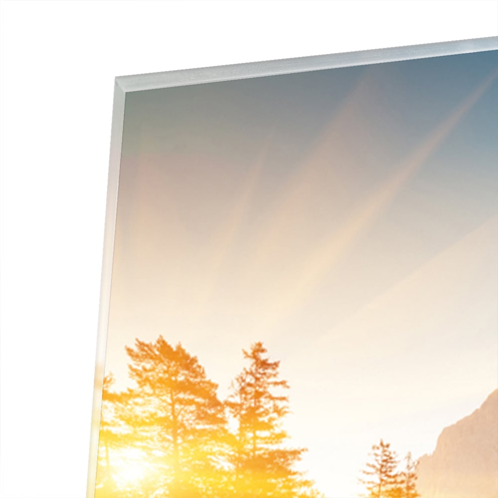 Wunderschönes Glasbild mit Berglandschaft und See – Glasbild aus Sicherheitsglas, Größe 80x80_rond