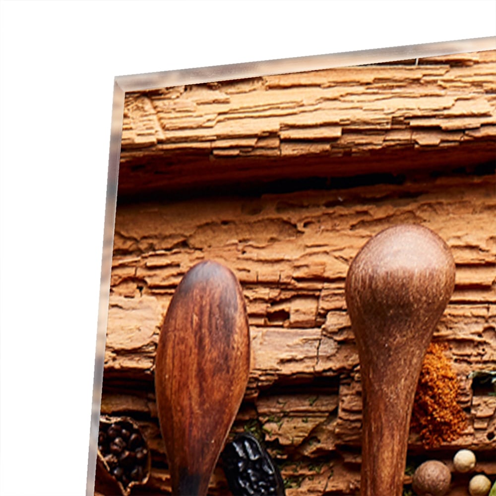 Buntes Glasbild mit Gewürzen und Löffelmotiven – Glasbild aus Sicherheitsglas, Größe 80x80_rond