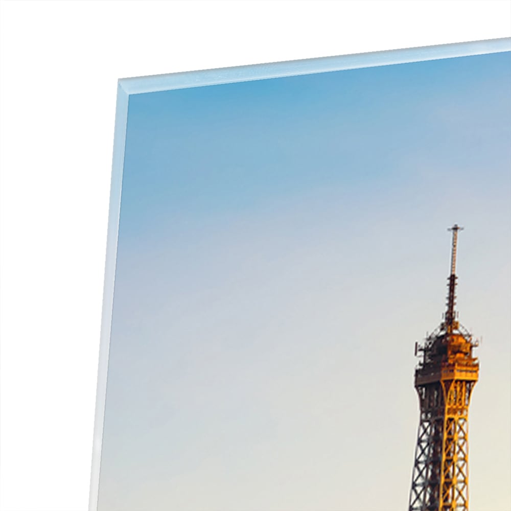 Glasbild mit dem Eiffelturm bei Sonnenuntergang – Glasbild aus Sicherheitsglas, Größe 80x80_rond