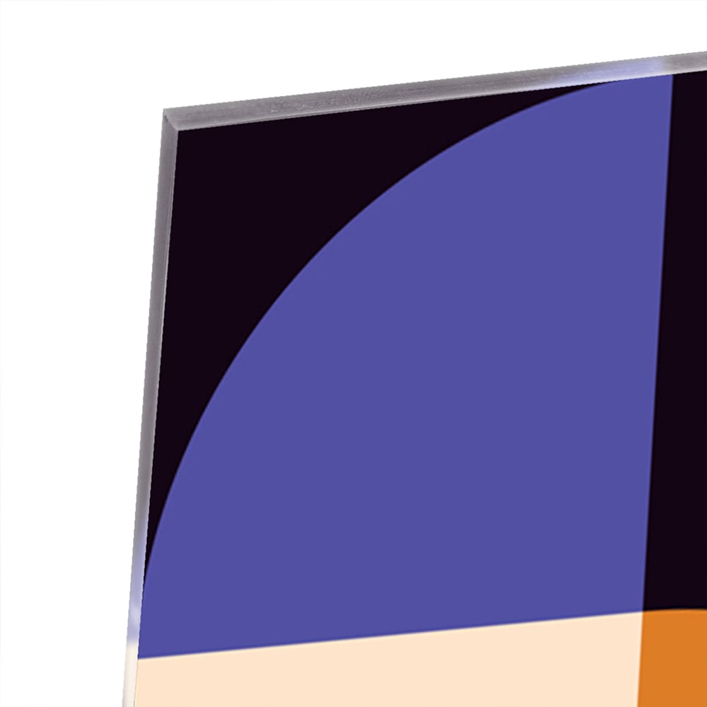 Abstraktes Glasbild in blauen und Orangetönen – Glasbild aus Sicherheitsglas, Größe 80x80_rond