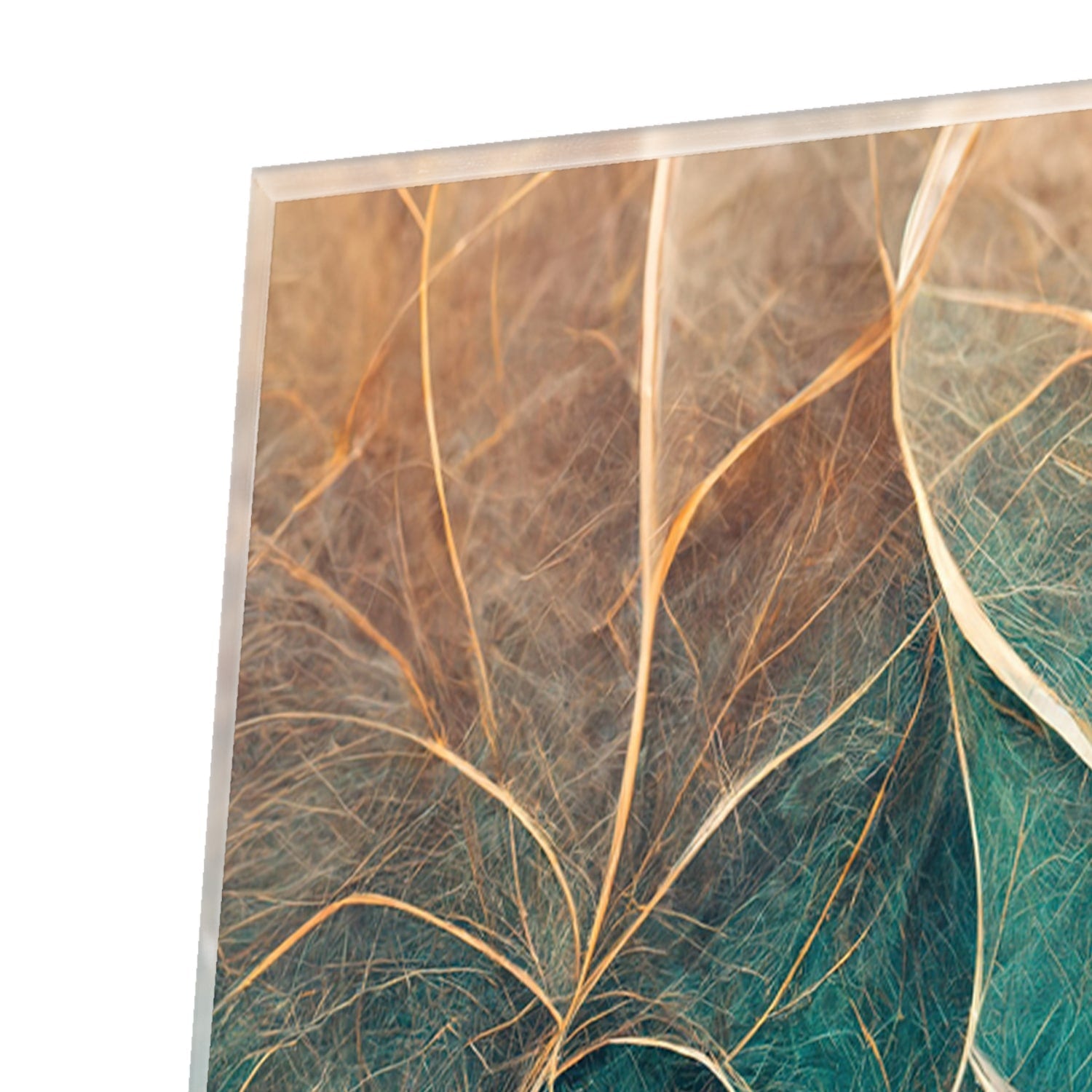 Glasbild mit Blättern und goldenen Linien – Glasbild aus Sicherheitsglas, Größe 80x80_rond