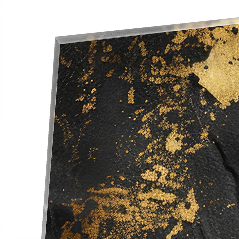 Gold-schwarzes Glasbild mit abstrakten Spritzern – Glasbild aus Sicherheitsglas, Größe 80x80_rond