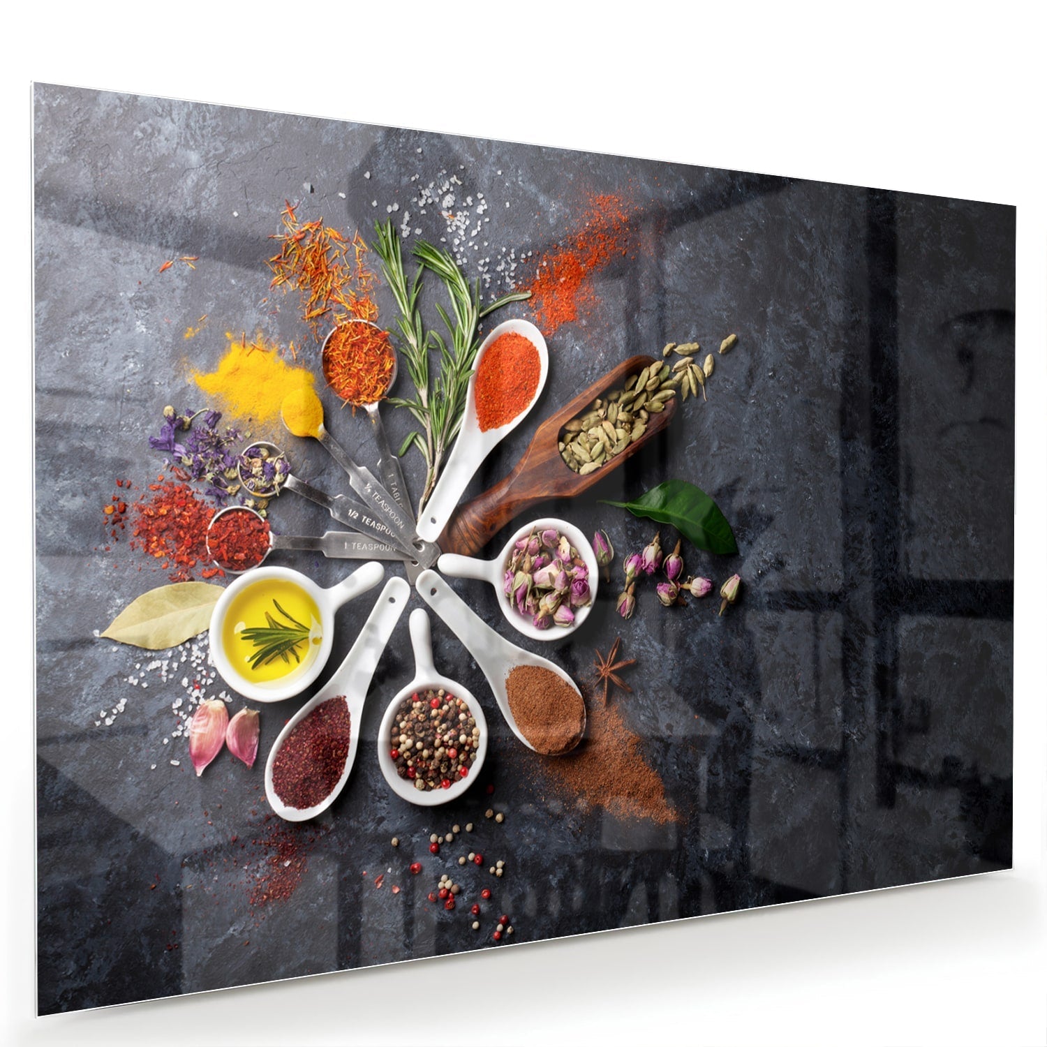 Glasbild mit farbenfrohen Gewürzen – Glasbild aus Sicherheitsglas, Größe 60x40