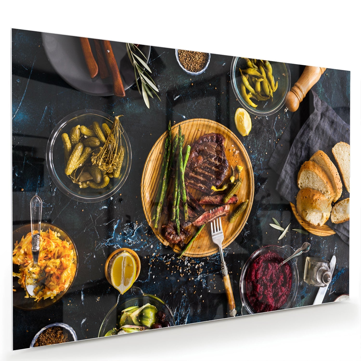 Kulinarisches Glasbild mit verführerischen Speisen – Glasbild aus Sicherheitsglas, Größe 60x40