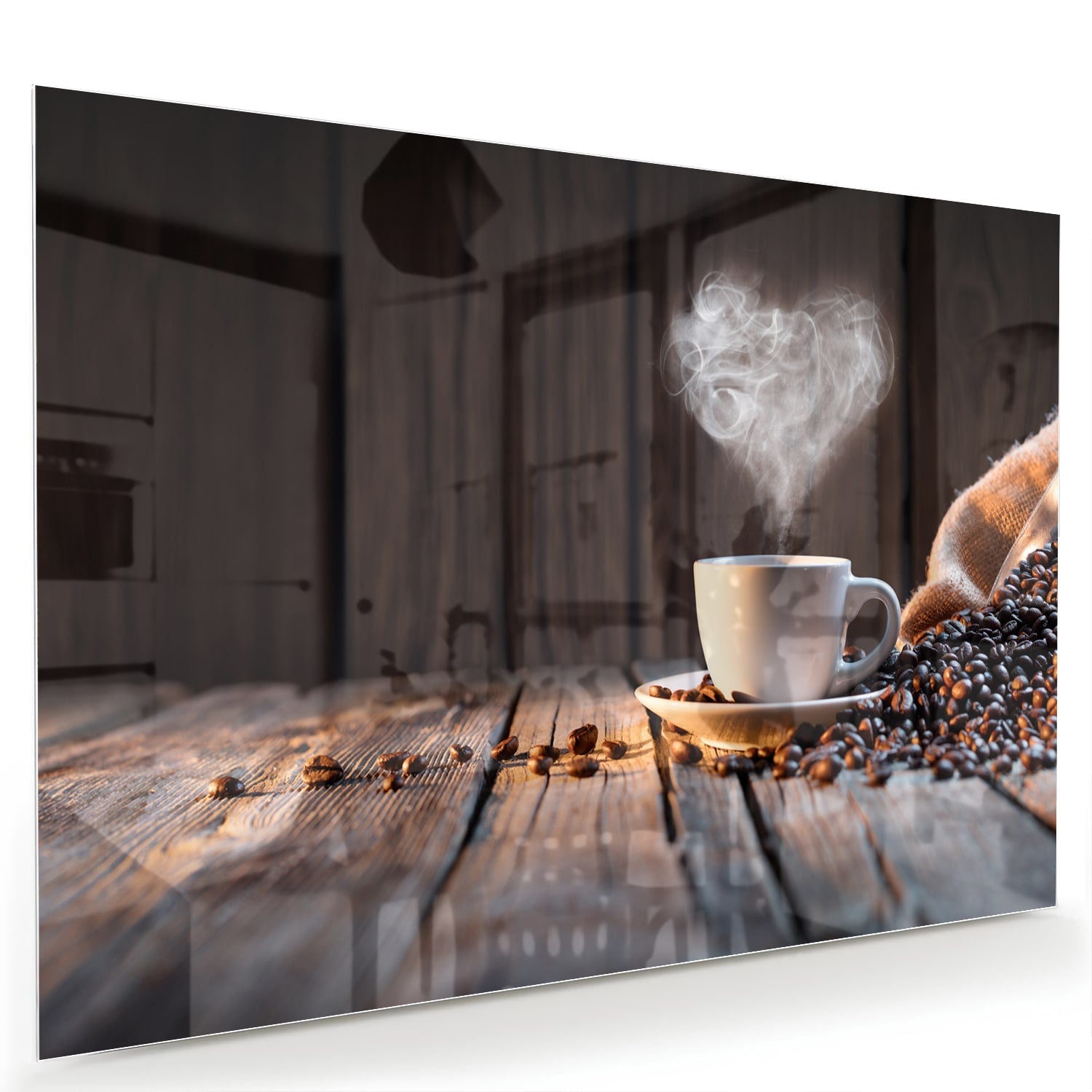 Stilvolles Glasbild mit Kaffee und Kaffeebohnen – Glasbild aus Sicherheitsglas, Größe 60x40