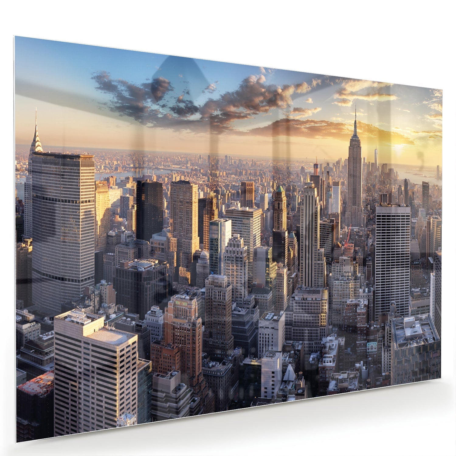 Glasbild mit atemberaubender Aussicht auf New York bei Sonnenuntergang – Glasbild aus Sicherheitsglas, Größe 60x40