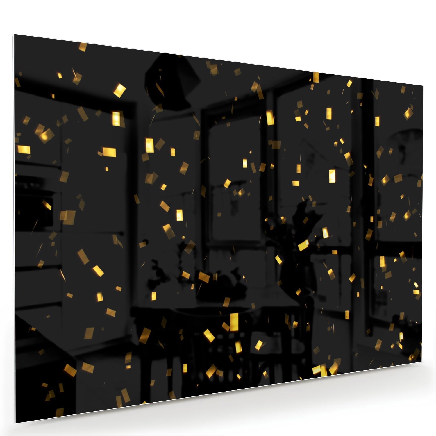 Schwarzes Glasbild mit goldenem Konfetti – Glasbild aus Sicherheitsglas, Größe 60x40