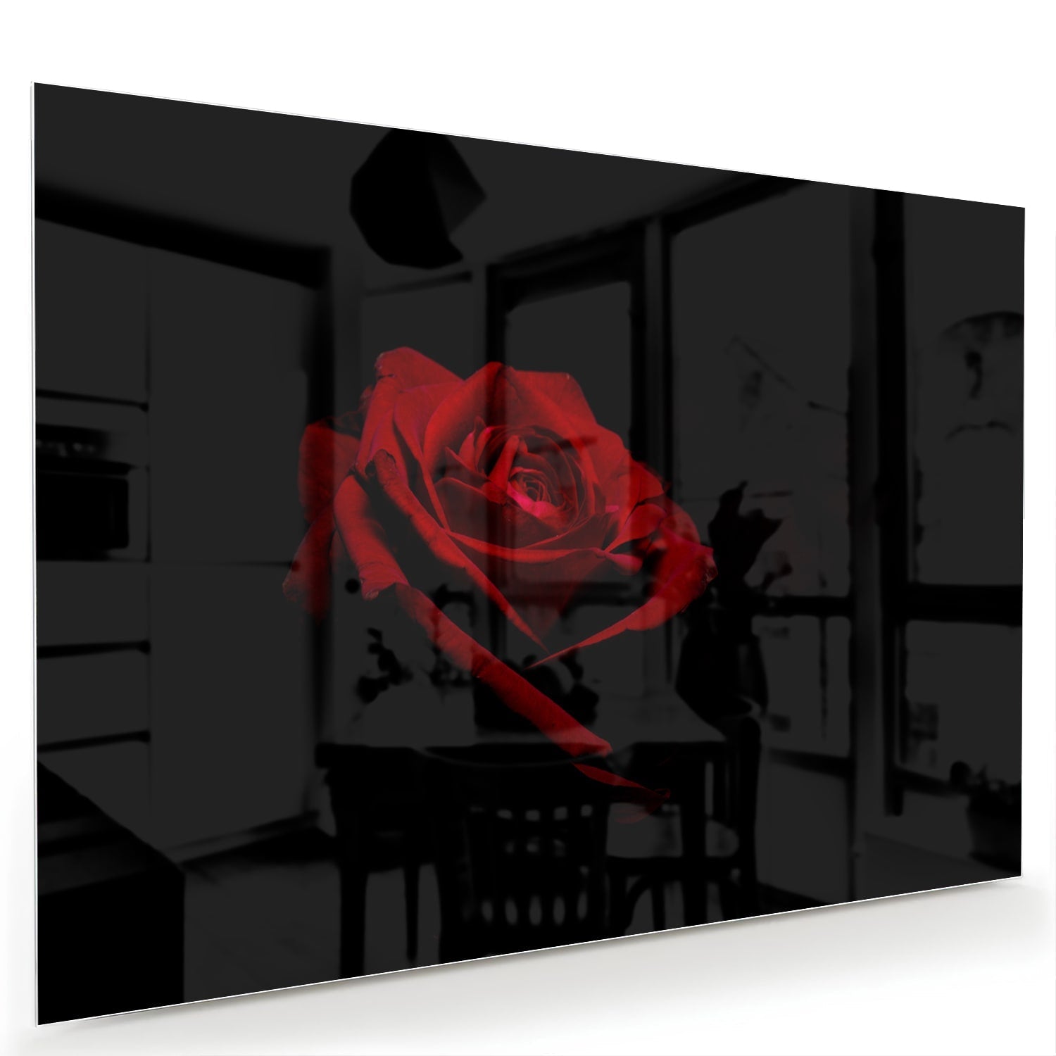 Elegantes Glasbild mit roter Rose auf schwarzem Hintergrund – Glasbild aus Sicherheitsglas, Größe 60x40