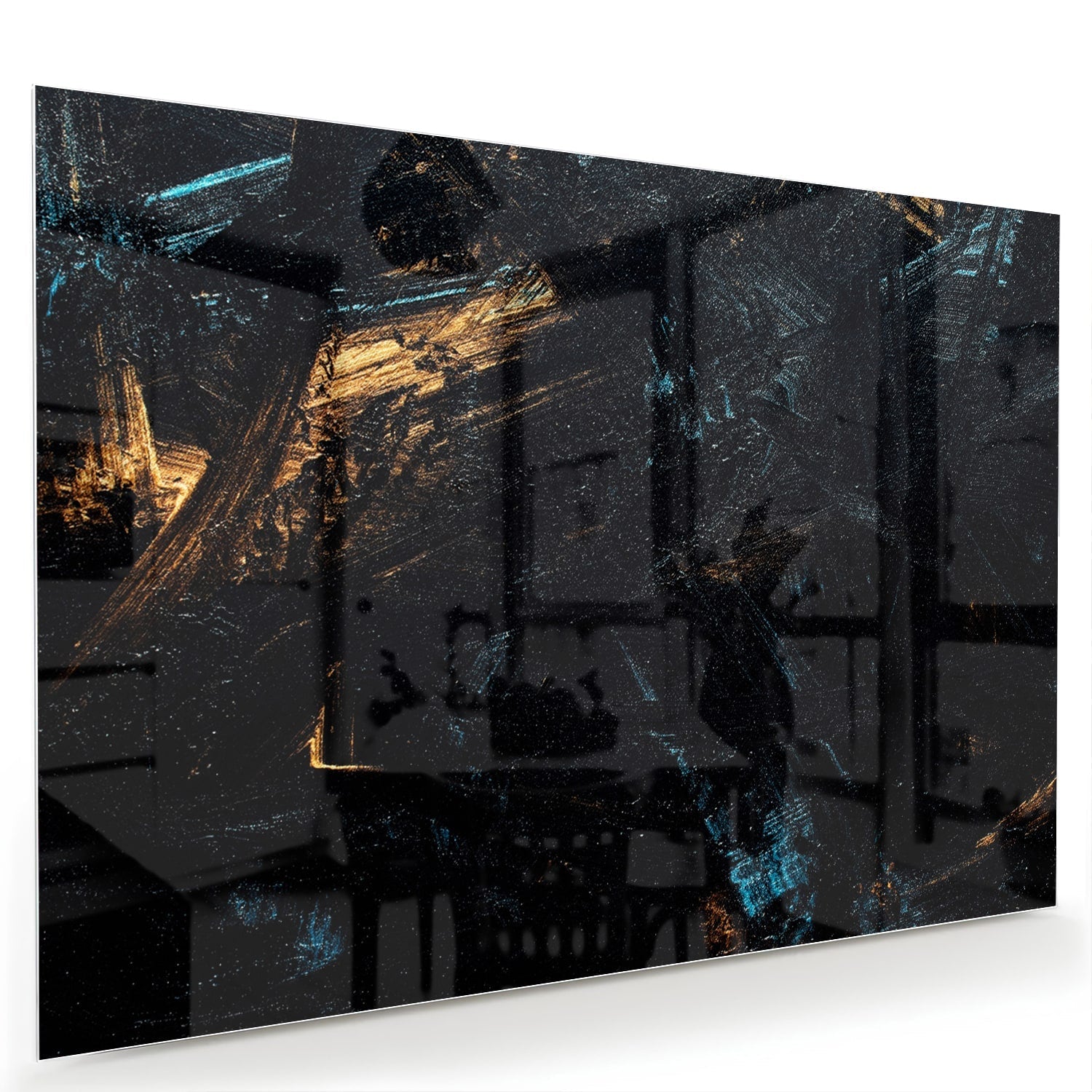 Abstraktes Glasbild mit goldenen und schwarzen Akzenten – Glasbild aus Sicherheitsglas, Größe 60x40