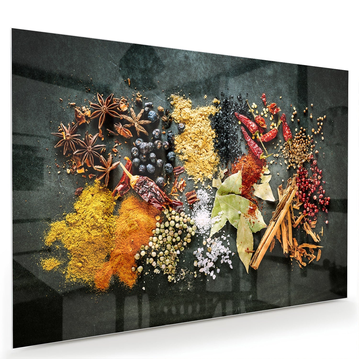 Farbenfrohes Glasbild mit Gewürzen und Blättern – Glasbild aus Sicherheitsglas, Größe 60x40