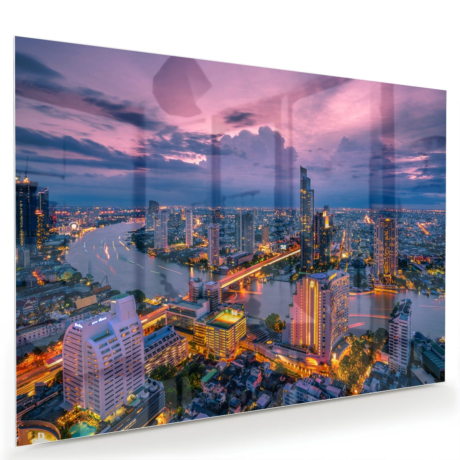 Glasbild mit Stadtblick im Abendlicht – Glasbild aus Sicherheitsglas, Größe 60x40