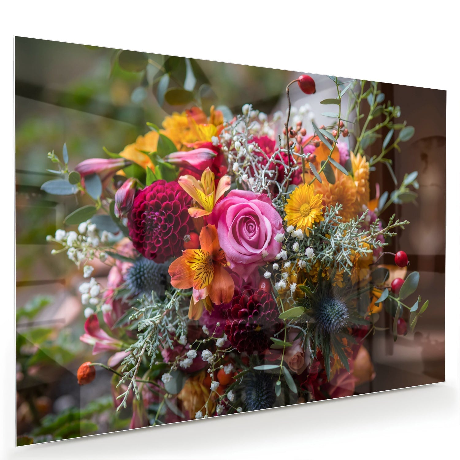 Farbenfrohes Glasbild mit einem Blumenstrauß – Glasbild aus Sicherheitsglas, Größe 60x40