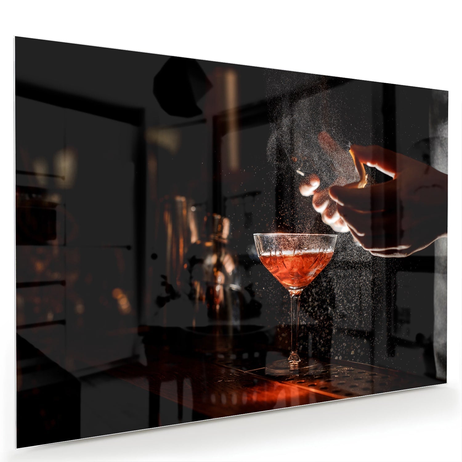 Elegantes Glasbild mit Cocktails in stimmungsvoller Szenerie – Glasbild aus Sicherheitsglas, Größe 60x40