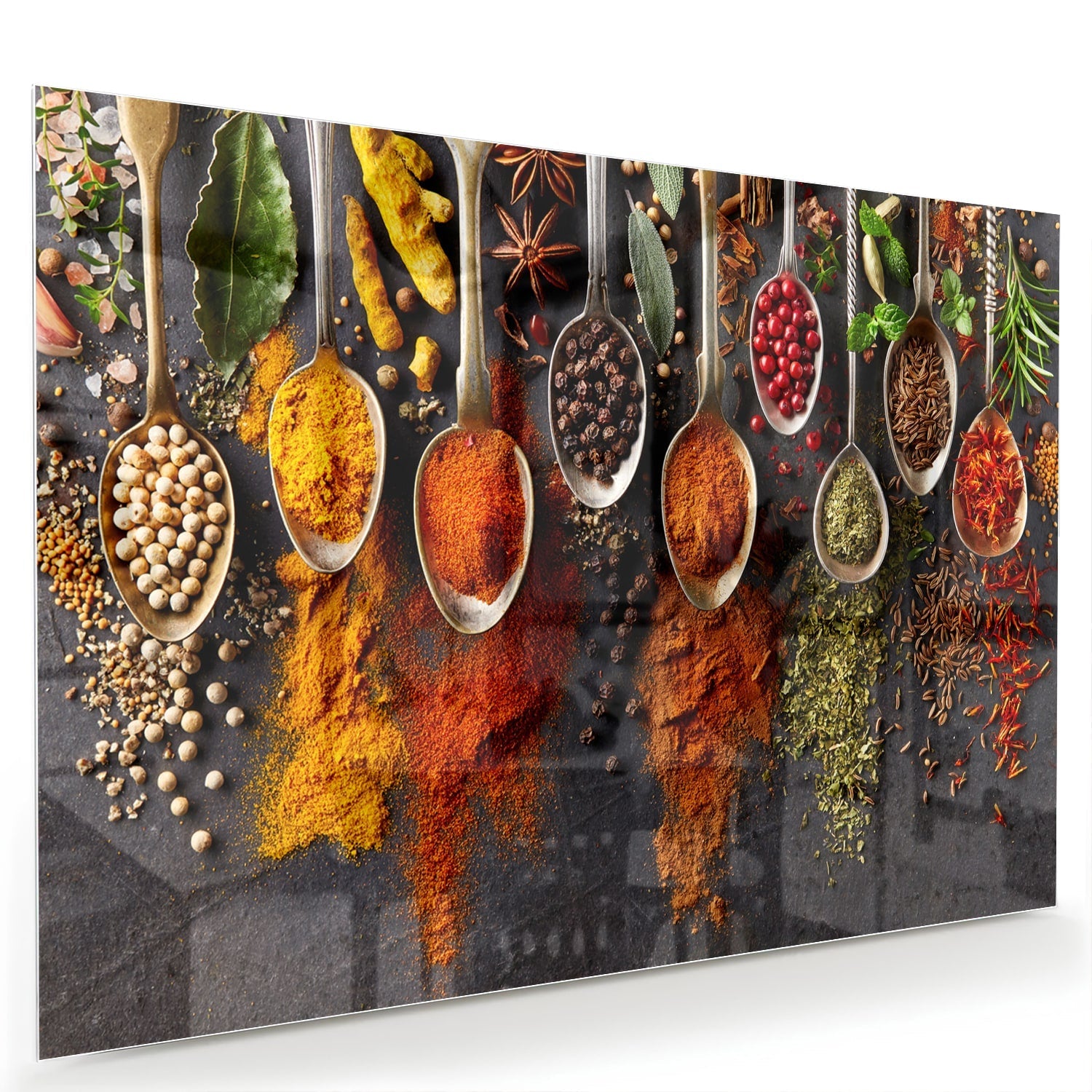 Farbenfrohes Glasbild mit Kräutern und Gewürzen – Glasbild aus Sicherheitsglas, Größe 60x40