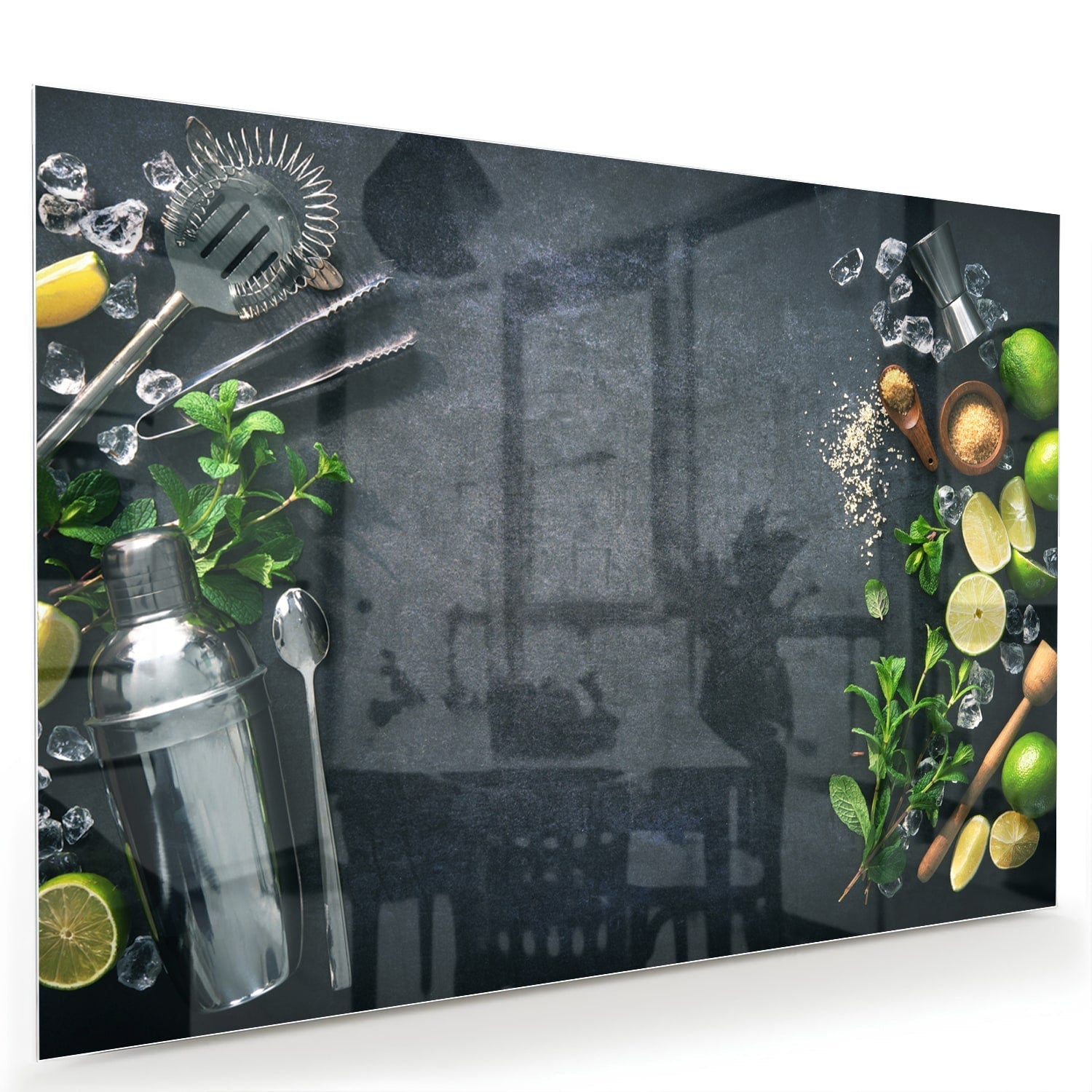 Elegantes Glasbild mit Kräutern und Zitronen – Glasbild aus Sicherheitsglas, Größe 60x40