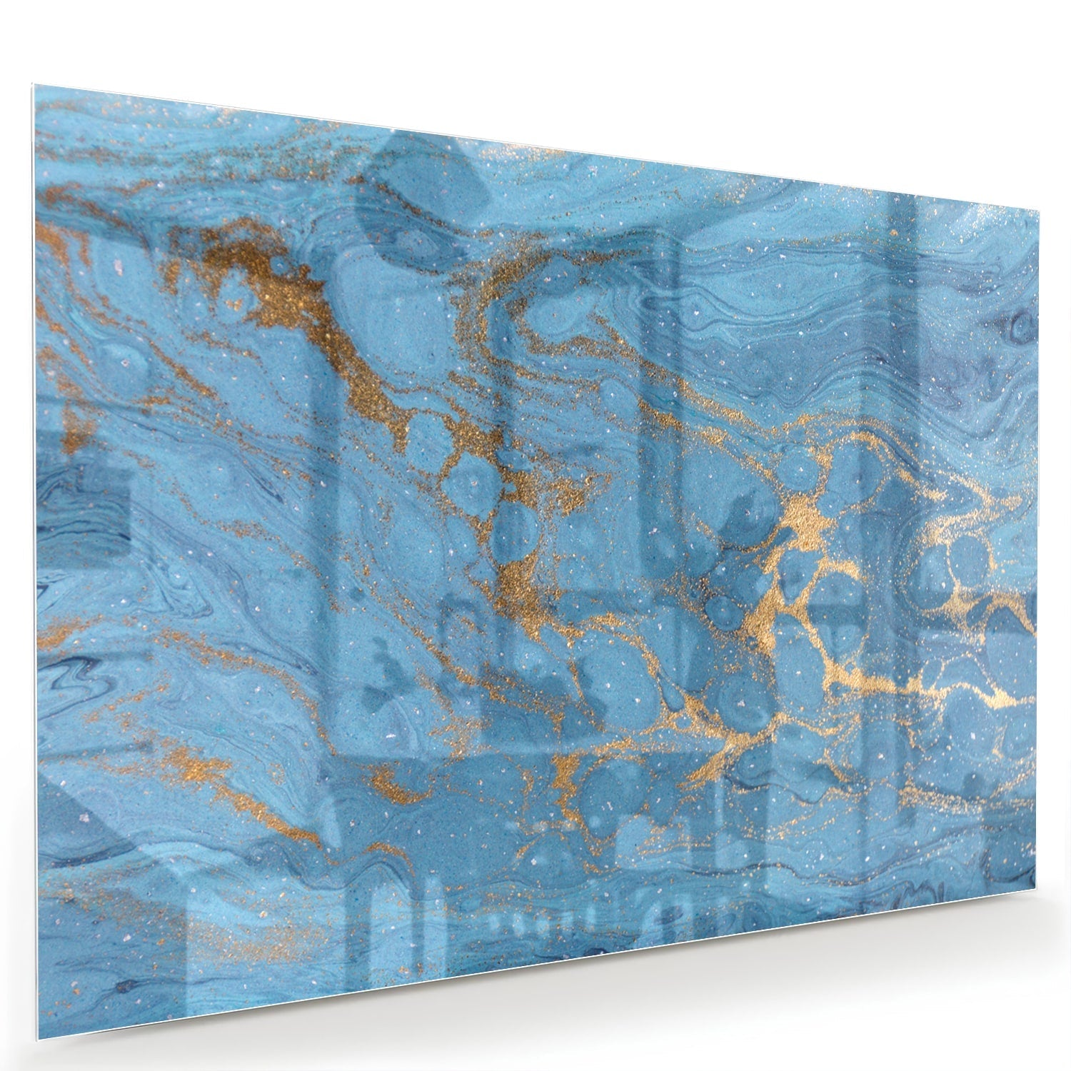 Elegantes Glasbild in blauen und goldenen Farbtönen – Glasbild aus Sicherheitsglas, Größe 60x40