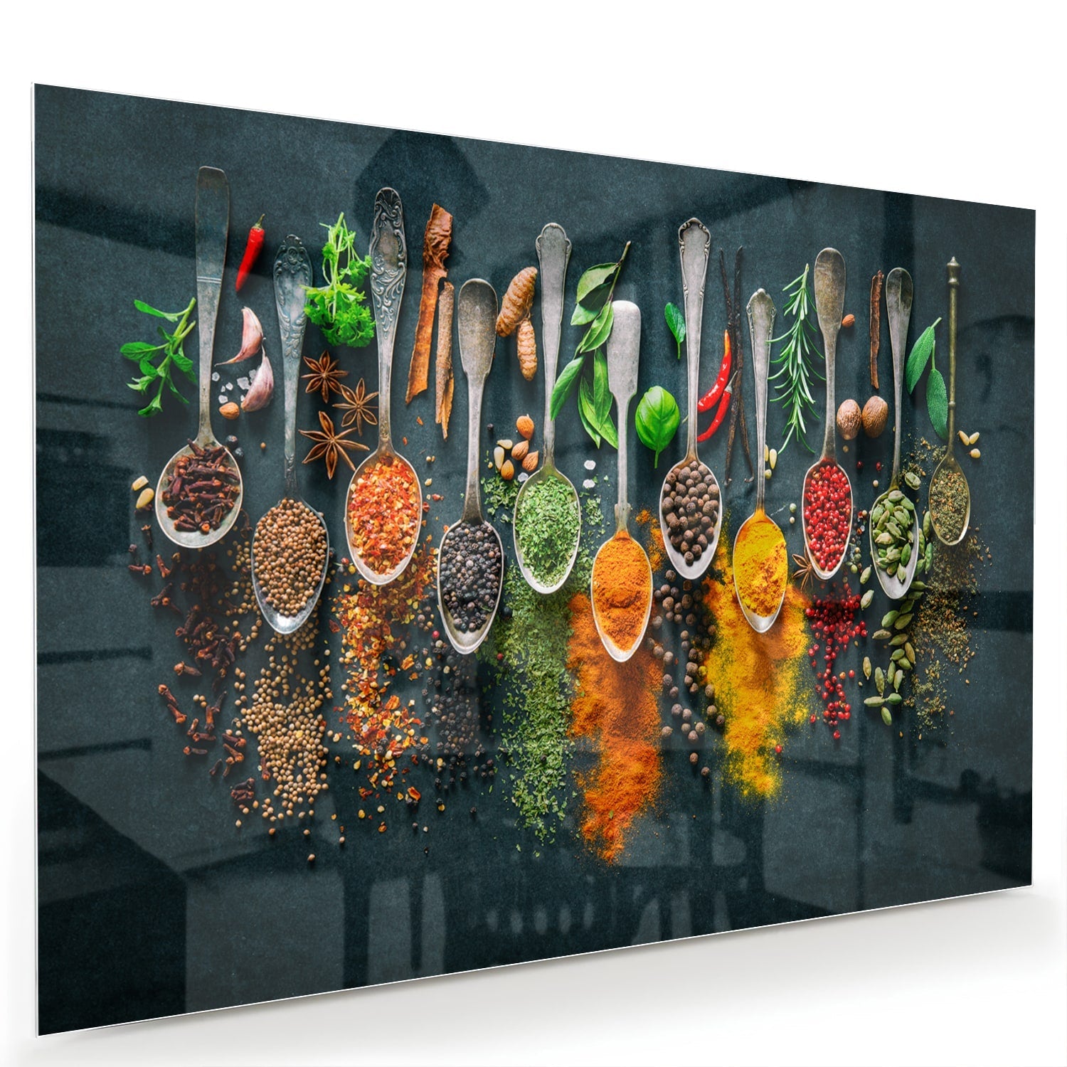 Farbenfrohes Glasbild mit Gewürzen und Kräutern – Glasbild aus Sicherheitsglas, Größe 60x40